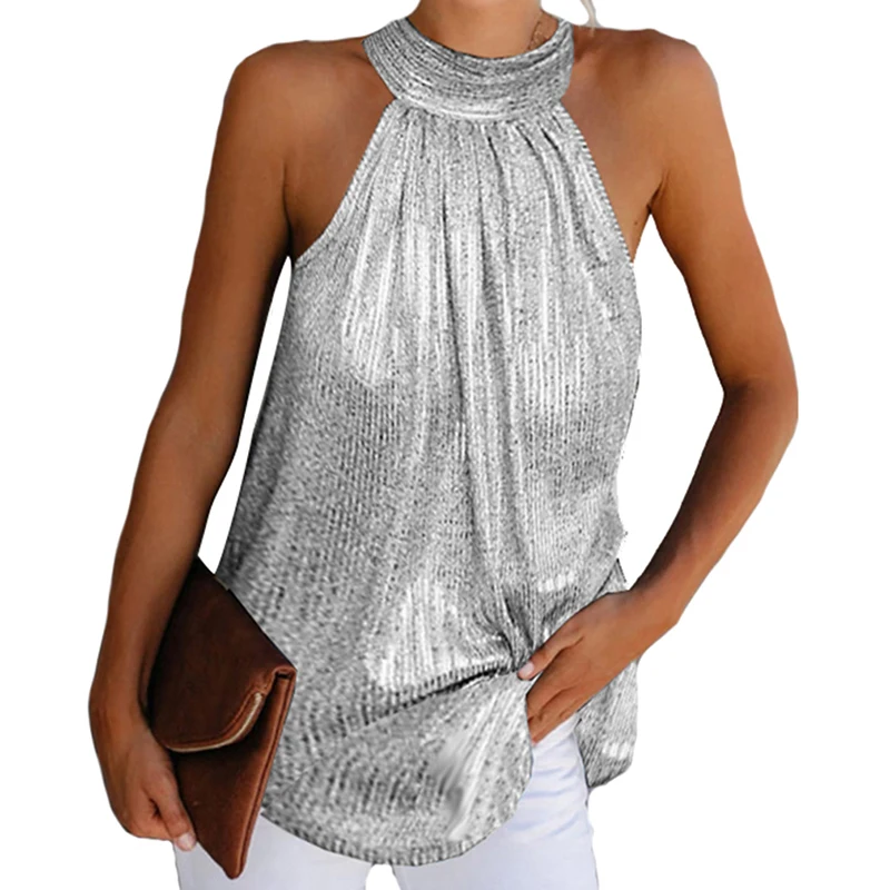 

Women Gold Blouse 2020 New Fashion High Neck Sleeveless Hatler Tank Top Vest Summer Casual Loose Blouse Shirt Tee