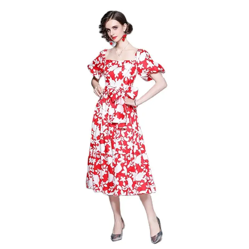 

Summer New Square Neck Floral Dress Women Puff Sleeves French Temperament Large Swing Clothes