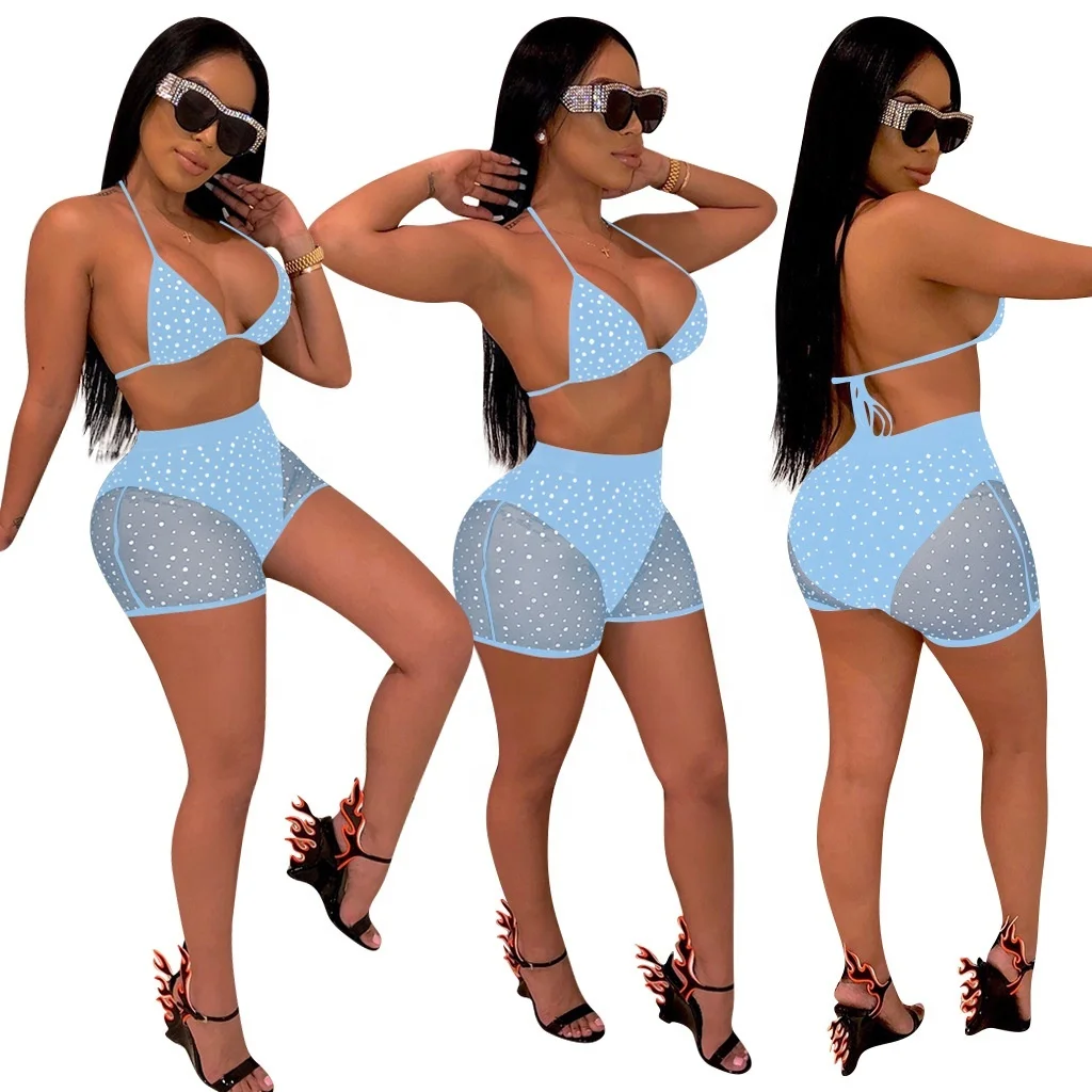 

2020 Summer Mature Women Two Piece Swimsuit Sexy Mesh Sequined Shorts Bikini Sets Swimwear