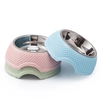 dog feeding bowl pet tableware with water stainless steel sealed dog bowl pink green blue cat bowl with heart shaped pattern