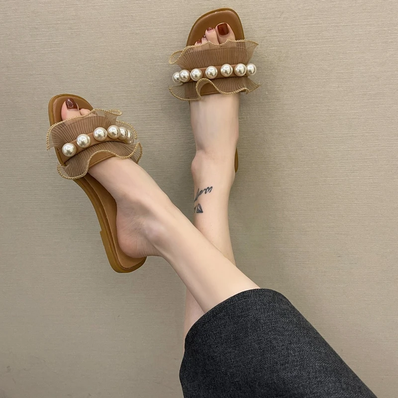 

Low Female Shoes Slippers Flat Fringe Luxury Slides Lace 2021 Designer Rubber PU Basic Female Shoes Low Slippers Flat Lace Slide