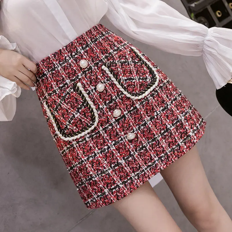 

Женская твидовая шерстяная мини-юбка с высокой талией и двумя карманами