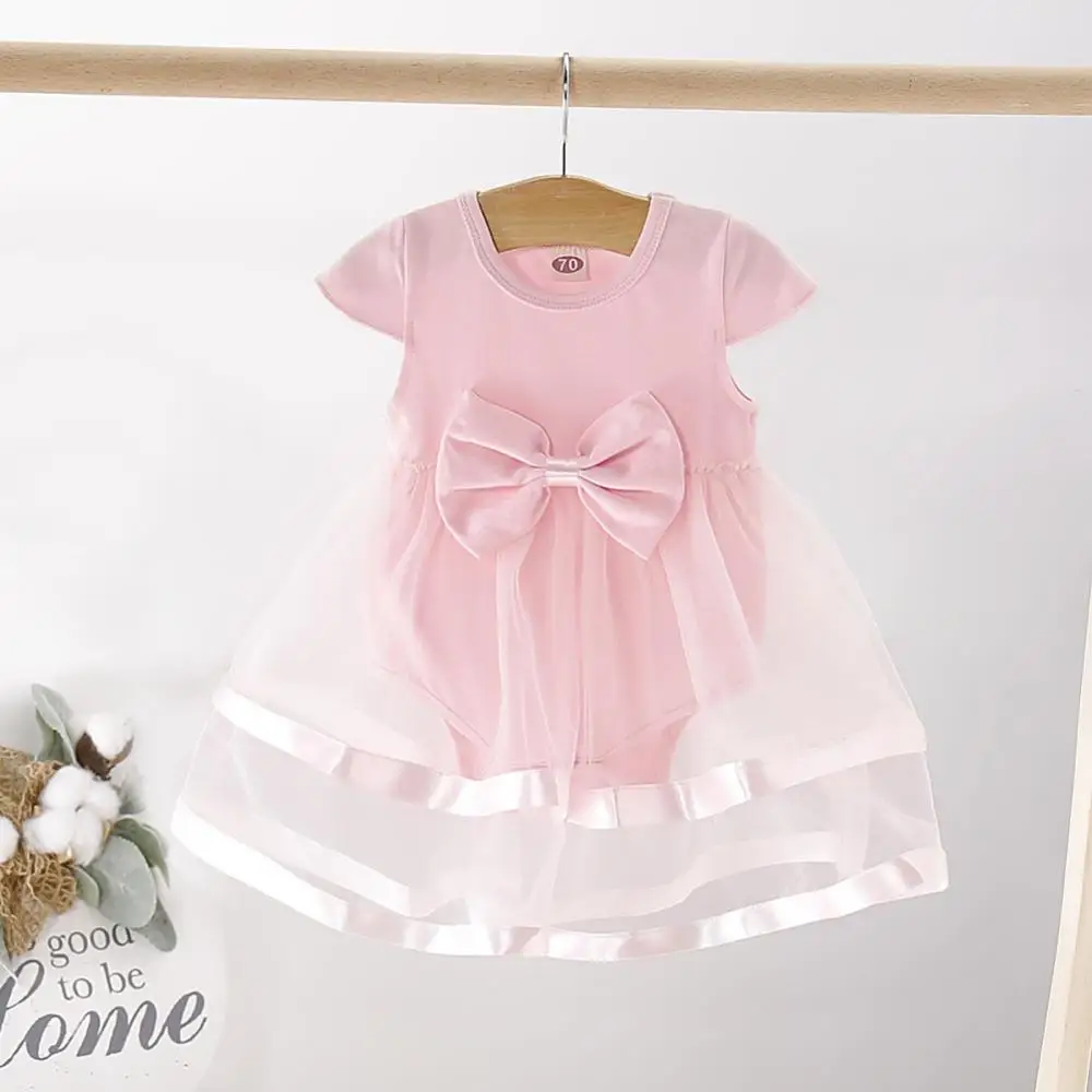 

Baby Girls Solid Color Mesh Dress Cute Princess Short Sleeve Bow-knot Decoration One-piece Rompers