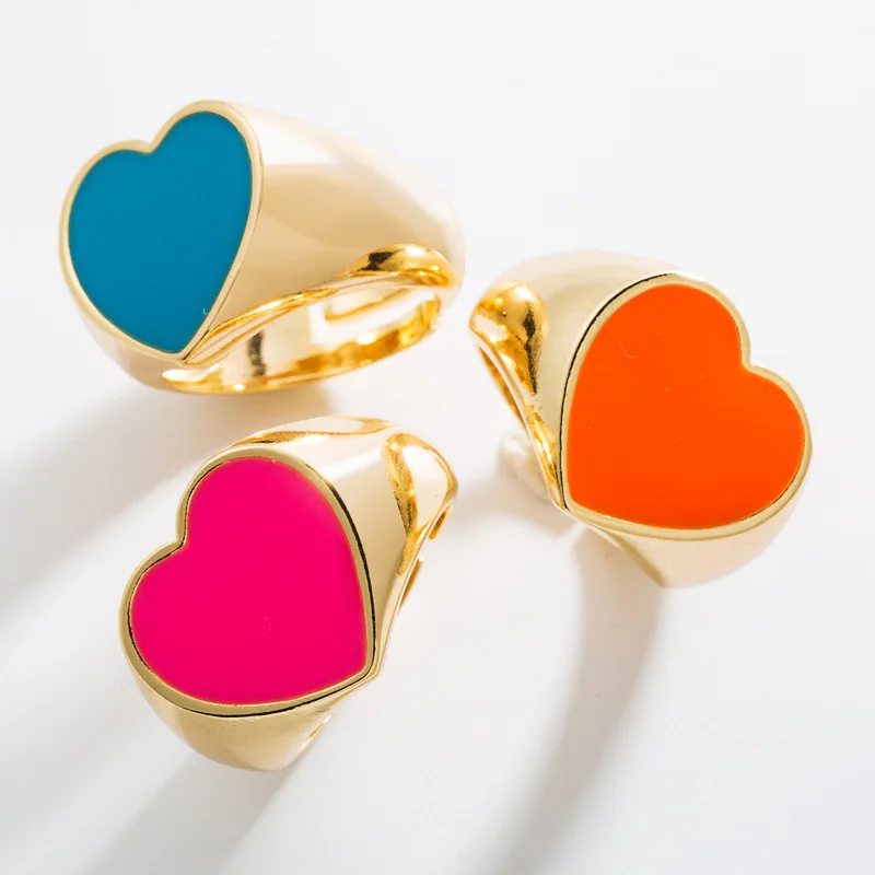 

Origin Summer Adjusting Colorful Enamel Love Heart Charm Rings for Women Brass Gold Wide Chunky Ring Personality Jewelry