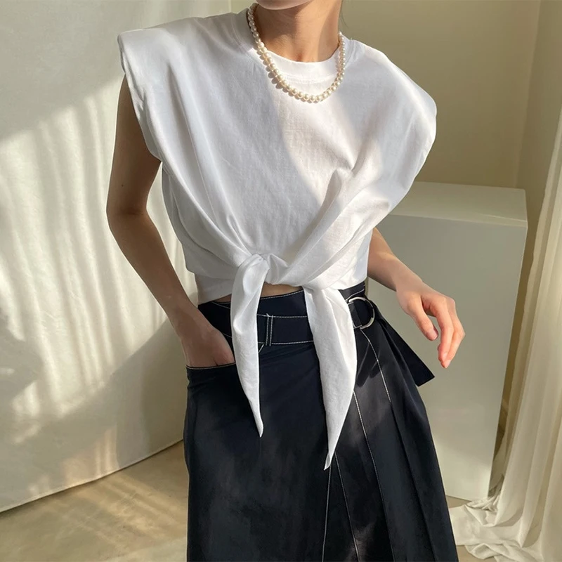 

Korean O-Neck Cross Lace-up Sleeveless Solid Color T-shirt Women 2021 Summer High Waist Bevel Single Breasted Shorts Skirts Suit