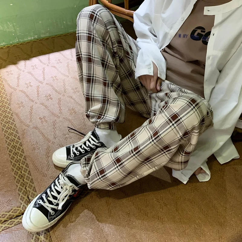 

2021 Plaid Pants Women Casual Chic Oversize Loose Wide Leg Trousers Ins Retro Teens Harajuku Hip-hop All-match Unisex Streetwear