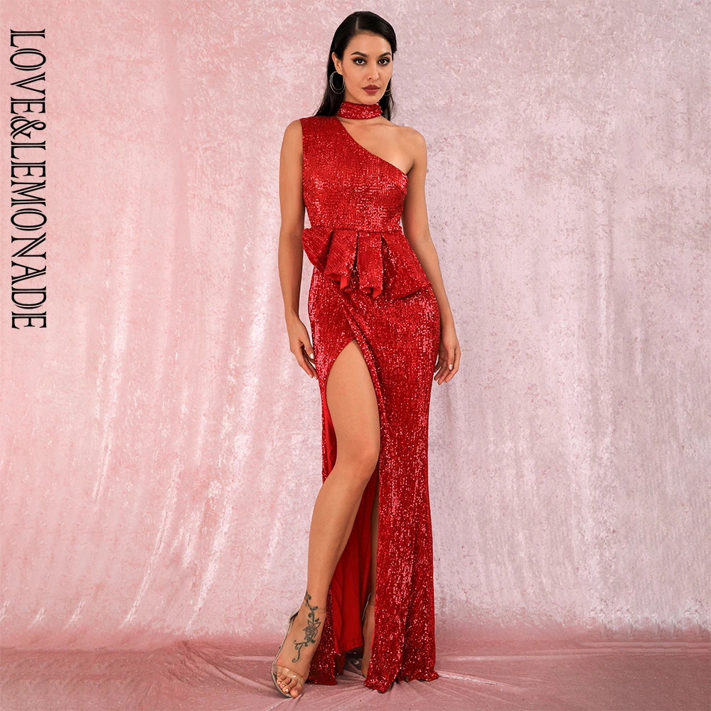 Женское платье с лямкой на шее LOVE & LEMONADE красное вечернее макси без бретелек