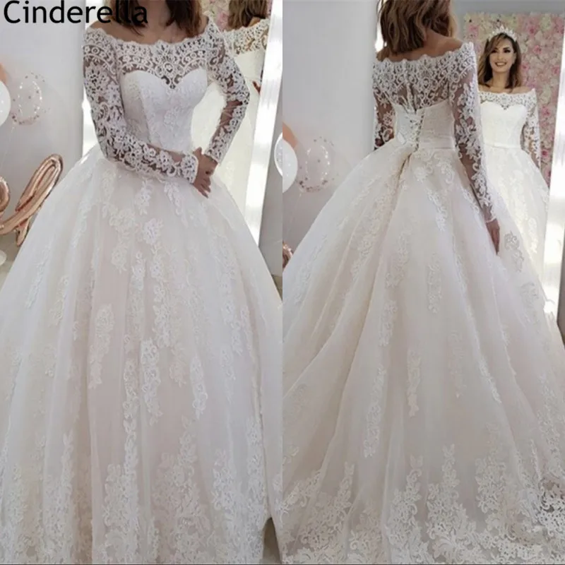 

Свадебные платья с длинным рукавом, трапециевидная Юбка со шлейфом, фатиновое кружевное платье со шнуровкой на спине