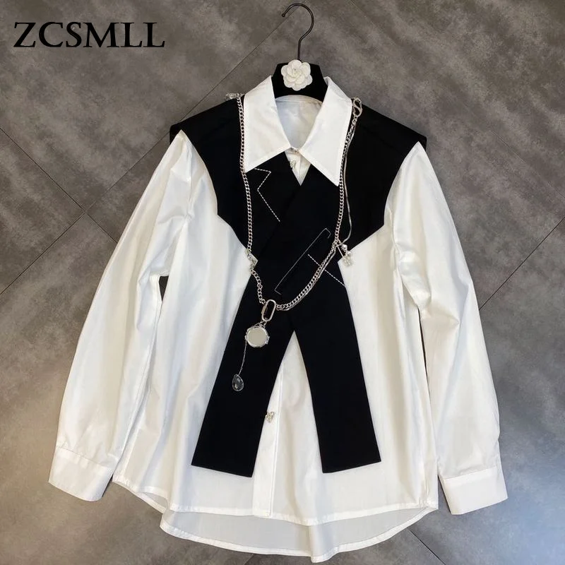 

ZCSMLL осень-зима 2022, женские блузки с отложным воротником, свободная рубашка с длинным рукавом и шалью с цепочкой, дизайнерский костюм из двух предметов