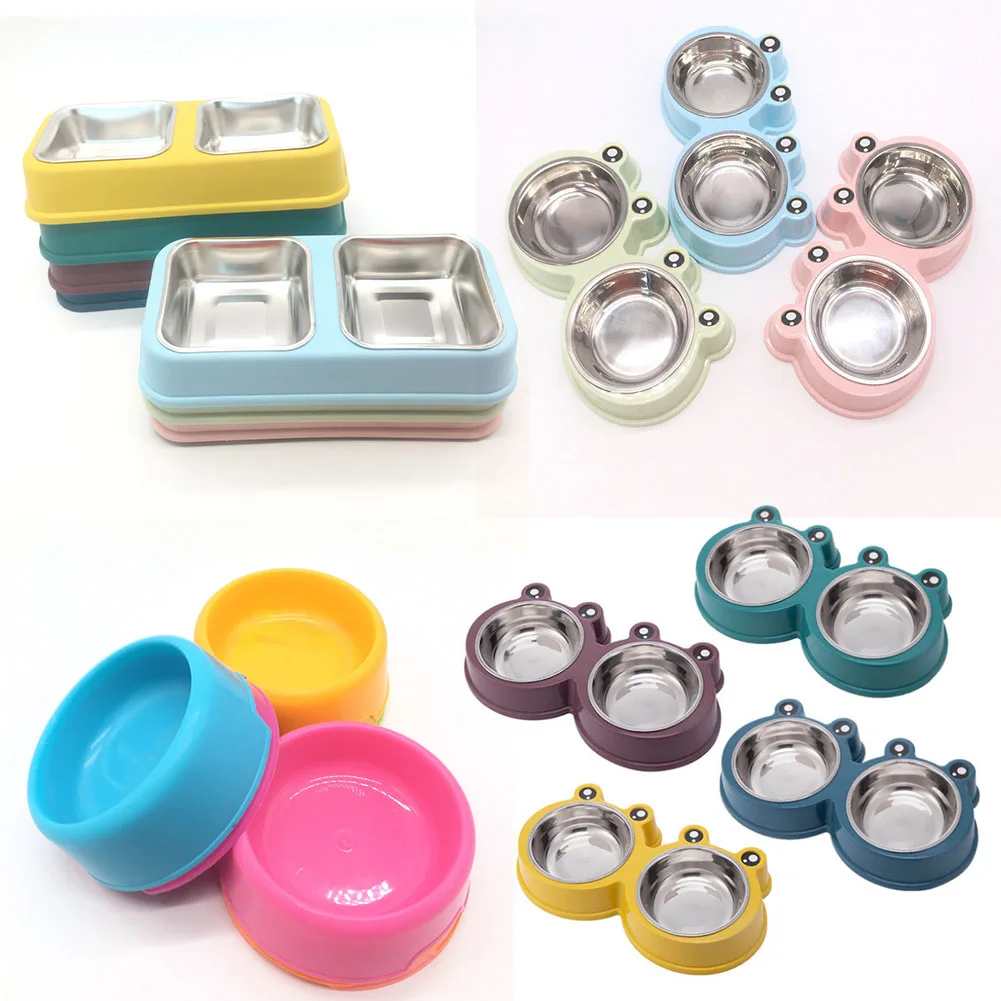

Pet Dog Double Bowl Two-in-one Stainless Steel Plastic Bowl Environmental Protection Dog Bowl Easy Cleaning Pet Bowl