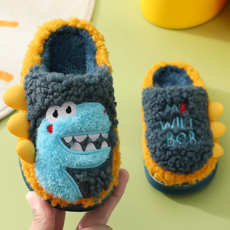 

Men Women Girls Boys Dinosaur Thick Sole Winter Bedroom Mop Children's Adults Plush Slippers Home Furry Flexible Indoor Shoes