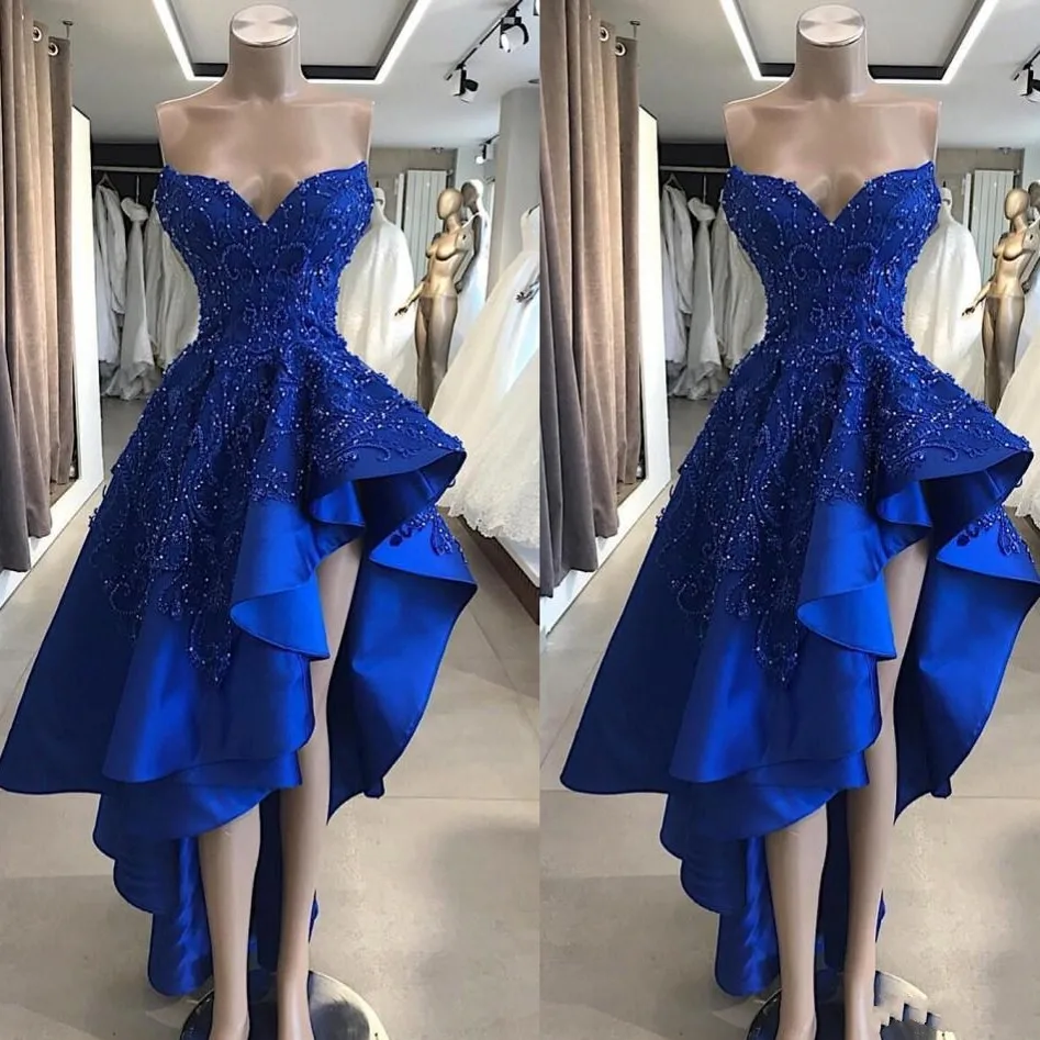 

Hi Low Royal Blue Satin Evening Dresses Long Formal Dress Bead Sleeveless robe de soiree Abendkleider 2019 Prom Party Gowns