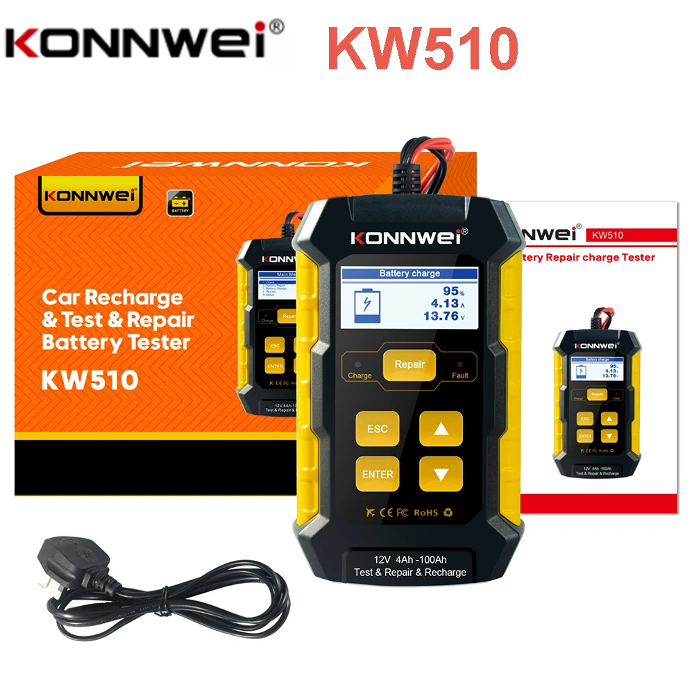 

Тестер автомобильных аккумуляторов KONNWEI KW510, 12 В, полный автоматический импульсный ремонт, 5 А, зарядные устройства, влажная сушка, AGM Gel, свинцово-кислотный инструмент для ремонта автомобиля