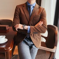 2021 high quality korean slim fit casual corduroy blazer jacket men clothes british style long sleeve business formal wear coat