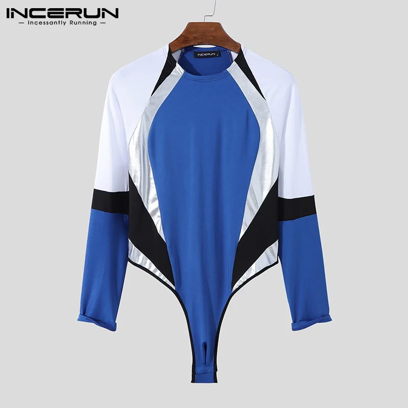 INCERUN Men Bodysuits Patchwork 2023 O-neck Long Sleeve Sexy Rompers Comfy Skinny Fashion Pajamas Men Bodysuit Homewear S-5XL 7
