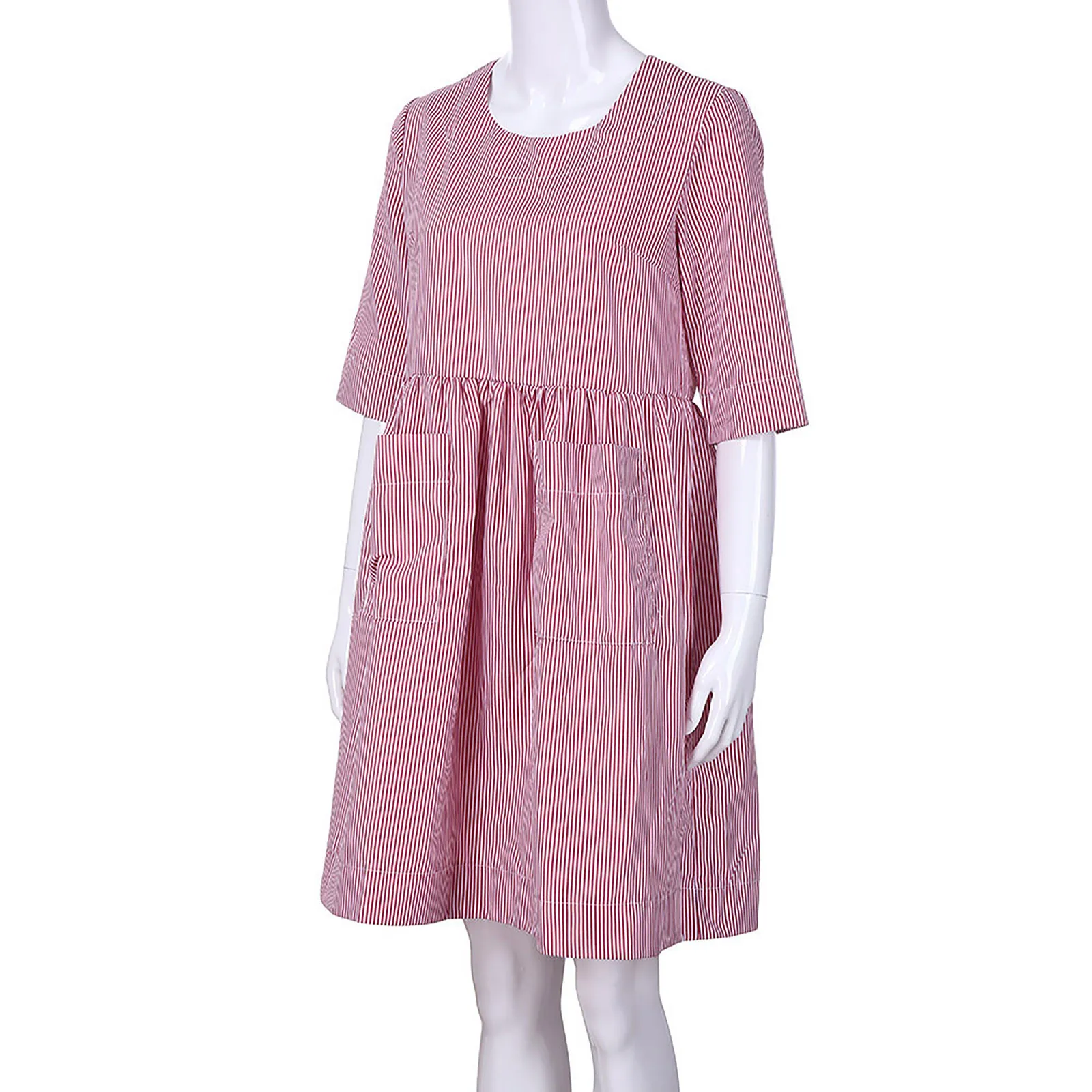 

40# Fashion Women Half Sleeve Casual Striped O-Neck Loose Knee-length Pocket Elastic Waist Dress Vestido De Mujer