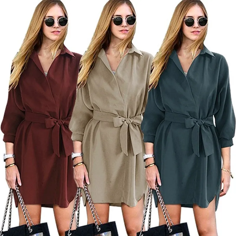 

Осенняя мода 2020, Новая женская рубашка средней длины, однотонная, повседневная, тонкая, с отворотом, с поясом, с длинным рукавом, рубашка для ...