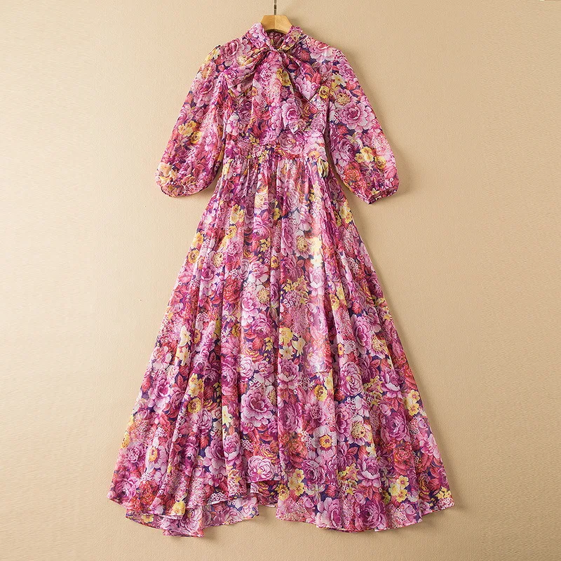 

European and American women's wear spring 2022 new Three-quarter sleeve lantern sleeve bow collar Fashion floral print dress