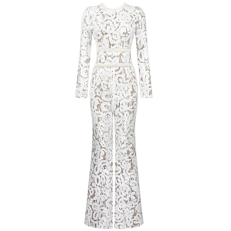 

2021 New Sexy High Street Women Long Sleeves Floral White Celebrity Designer Jumpsuit Elegant High Waist Shape Jumpsuit