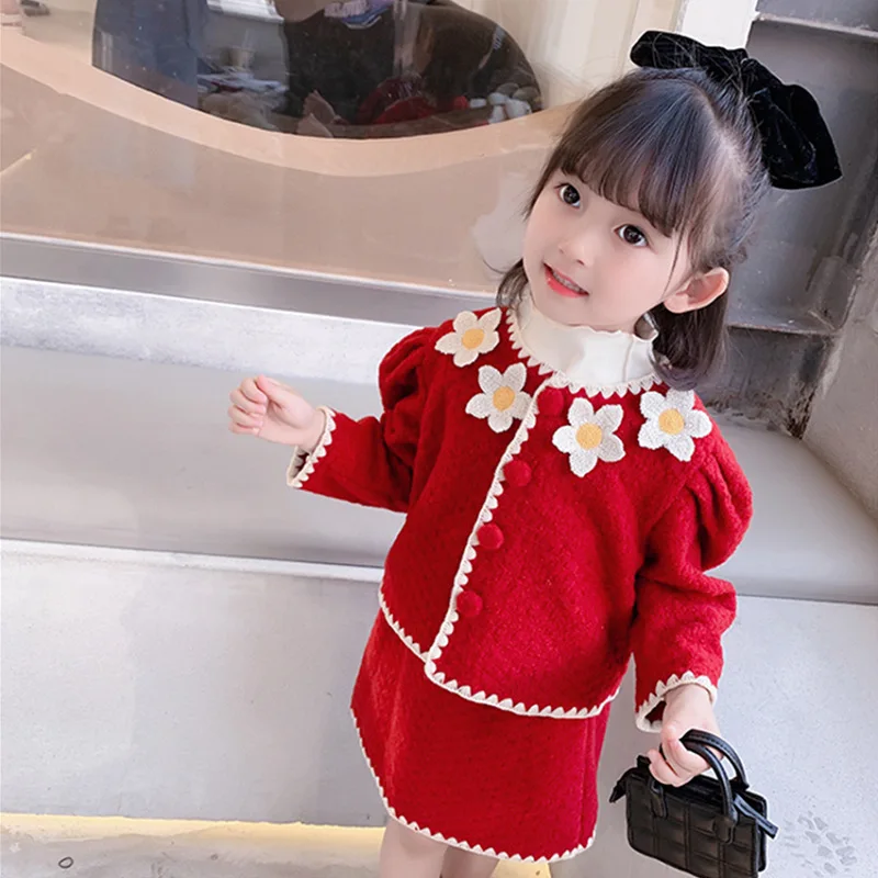2021 Girls Baby Fashion Clothing Set Sweet Flowers Autumn Birthday Clothes Sets Jacket+skirts elegant Kids Children Outfits | Детская
