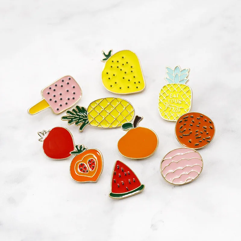 

Fruit Platter Strawberry Watermelon Kiwi Orange Pineapple Brooch Button Pins Denim Jacket Pin Badge Cartoon Fruit Jewelry Gift