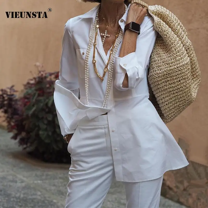 

Женский винтажный костюм из двух предметов, элегантная однобортная блузка на пуговицах и длинные брюки, офисная одежда, весна-осень