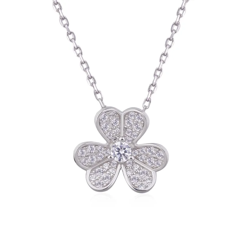 

Original Brand 925 Sterling Silver Jewelry Crystal Link Chain Necklace Women Flower Luck Clover Pendant Neckalces Holiday Gift