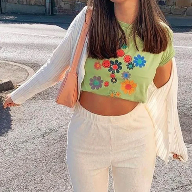 

Summer Kawaii Y2K Floral Print Green Crop Tops Streetwear 2000s New Tees Shirts Fashion Cute O-neck Short-Sleeved T-shirts 2021