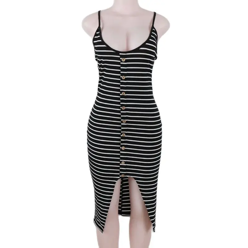 

Sexy Jag Dresses Women 2020 Summer Sleeveless Special Button Decoration Slim Fashion Striped Dress Elegant Ladies Mid-calf