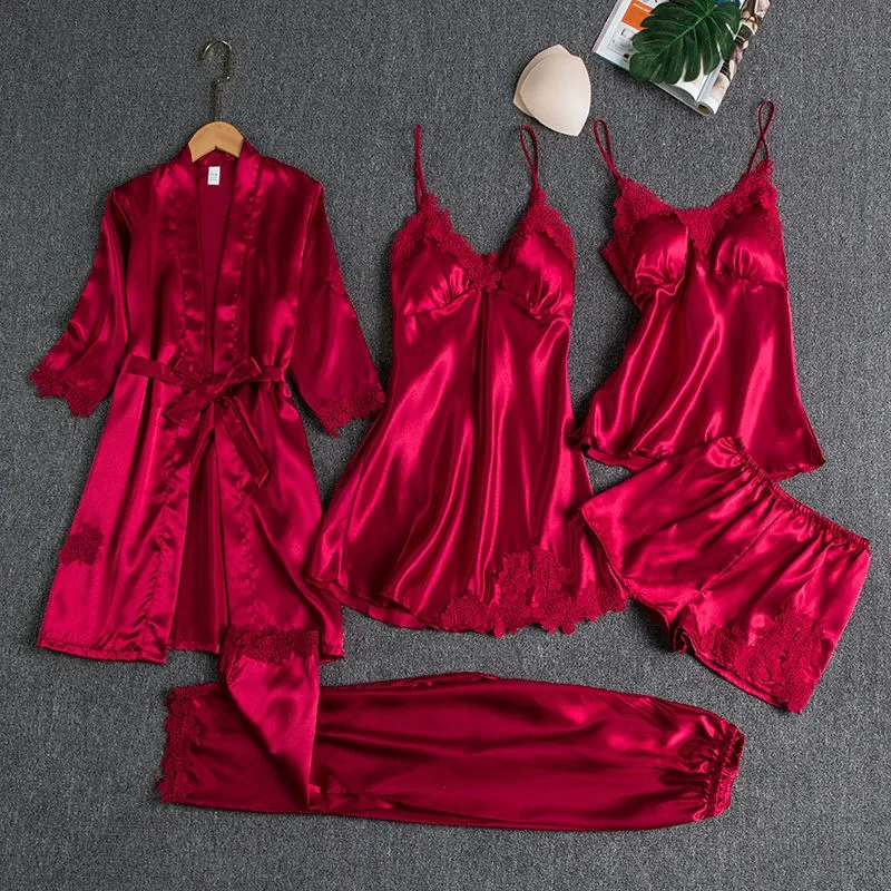 Spring Pajamas Suit Sexy Five Piece Set SEXY Lace Trim Wedding Robe Set Kimono Bathrobe Gown Thin Silk Sleepwear Home Clothes