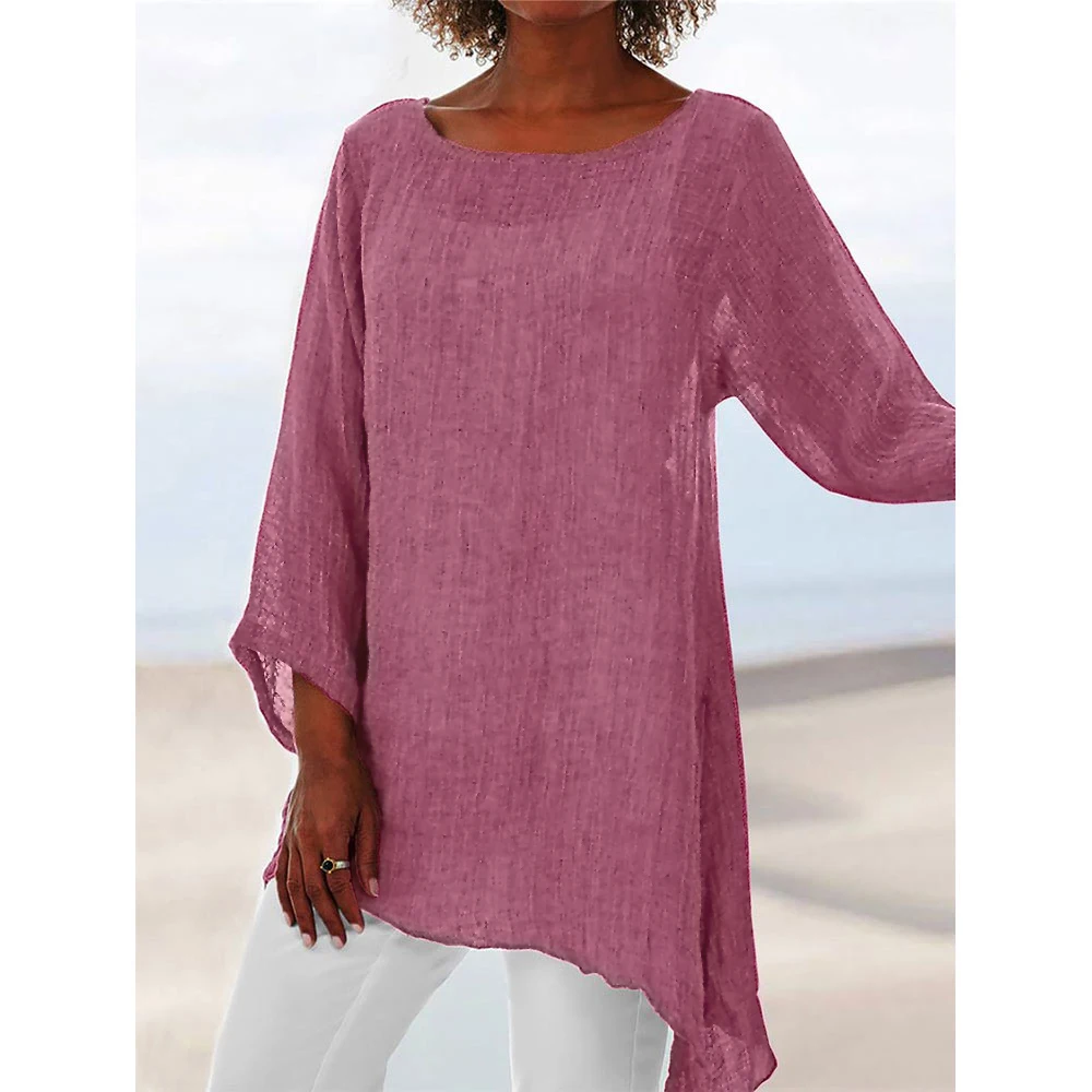 

Summer Autumn Women Shirts Solid Color O Neck Long Sleeves Irregular Hem Plus Size 5XL Tops Casual Long Loose Top Woman Clothes