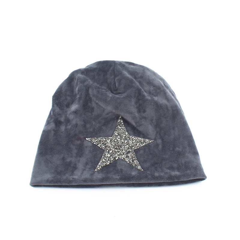 Новая мода бархатные Skullies Beanies Зимние шапки для женщин Звездный дизайн громоздкая шапочка женские шапки