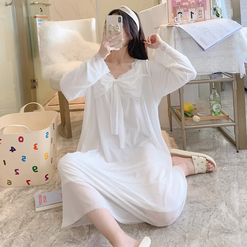 

Princess Lace Modal Nightgown Sweet Big Bow Nightdress Sexy V-Neck Long Sleepshirts Skirt Autumn Perspective Women Home Dressing