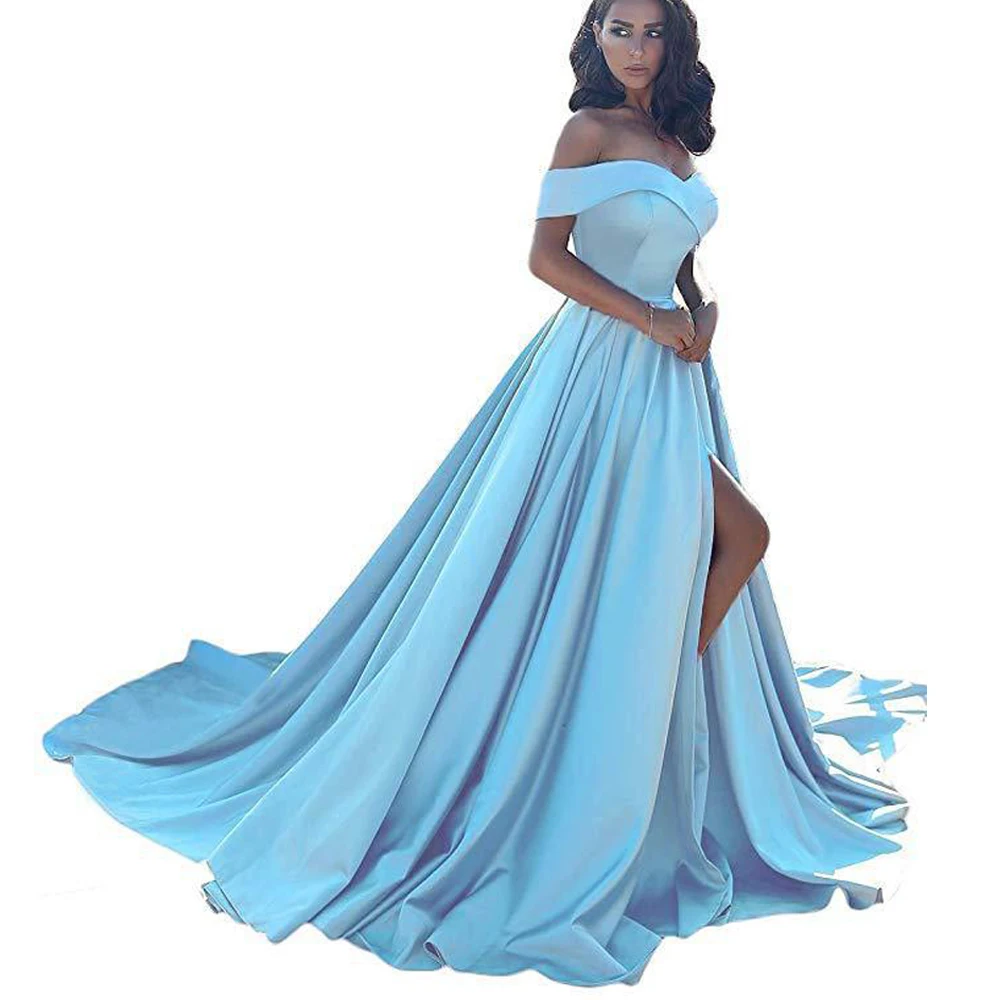 Sky blue prom dresses sexy V-neck OFF shoulder high open split A Linevestido de formatura longo gala dress　 | Свадьбы и торжества