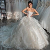 2021new ball gown strapless tulle wedding dresses sleeveless pleated vestido de novia bridal gowns chapel train mariee