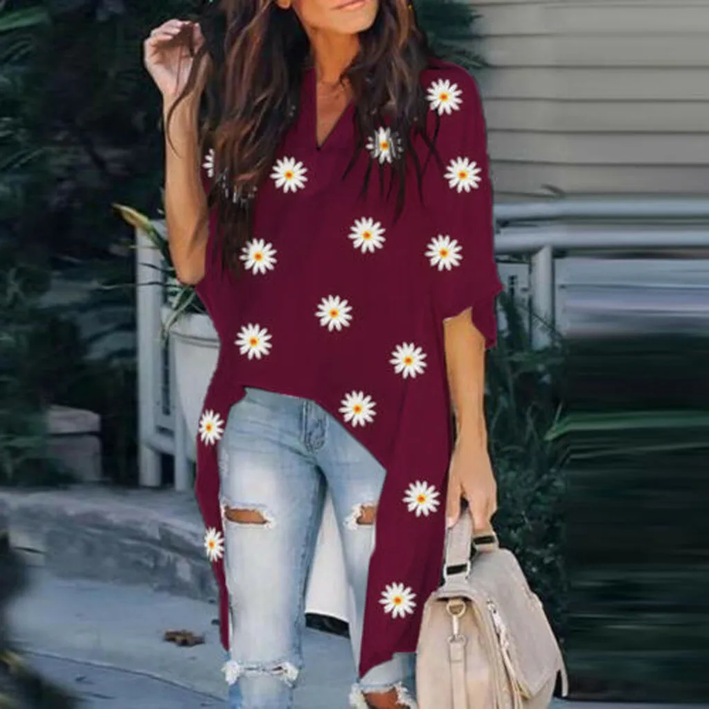 

Plus Size Vintage Blouse Women 2021 Women Boho Blouse V-neck Daisy Print Summer Asymmetrical Tops Blusas Mujer De Moda 2021