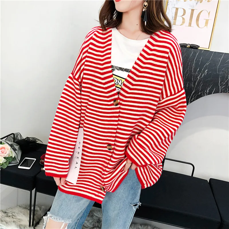 

2020 Fashion Striped Single Breasted Cardigan V Neck Loose Outwear Women Long Sleeve Sweater Autumn Winter