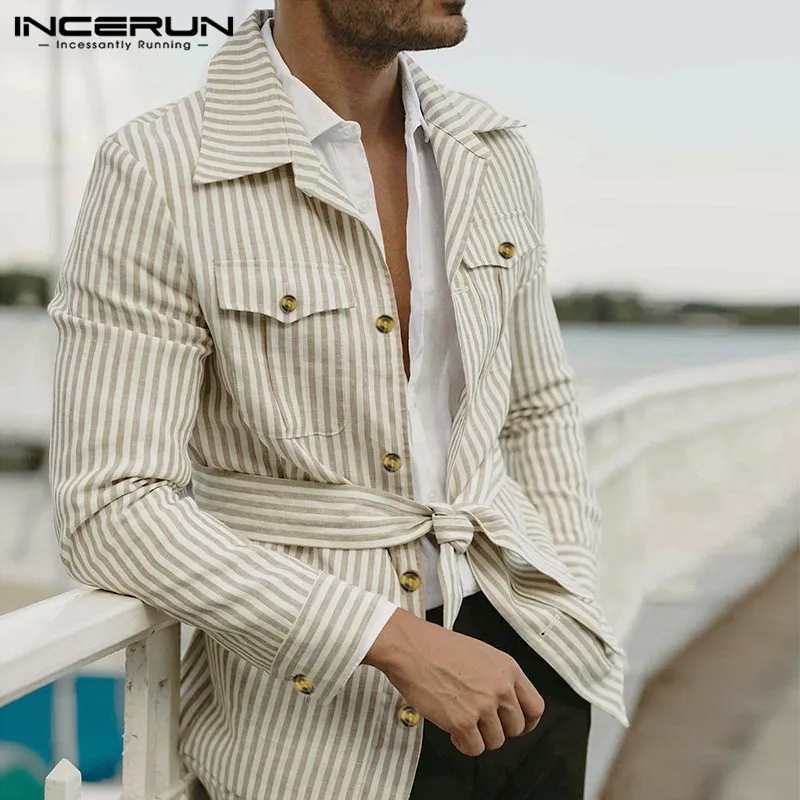 INCERUN модные полосатые мужские куртки хлопок уличная одежда на пуговицах с