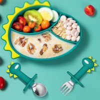 silicone tableware kids sectional suction cup plate dispensing baby dishes divided children drinking bowl meal tray dinosaur fee