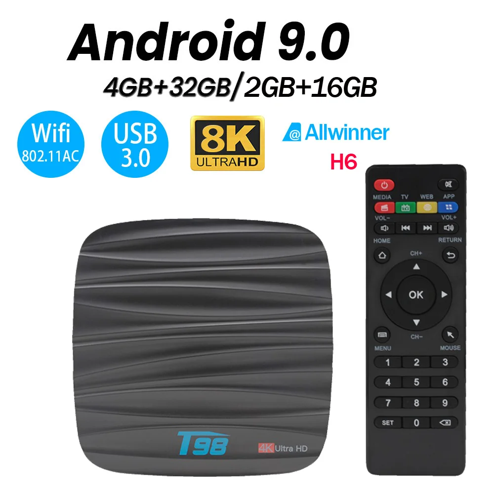 ТВ приставка T98 Allwinner H6 четырехъядерный 2 ГБ/16 ГБ 4 ГБ/32 Android 9 0 6K ультра чистый