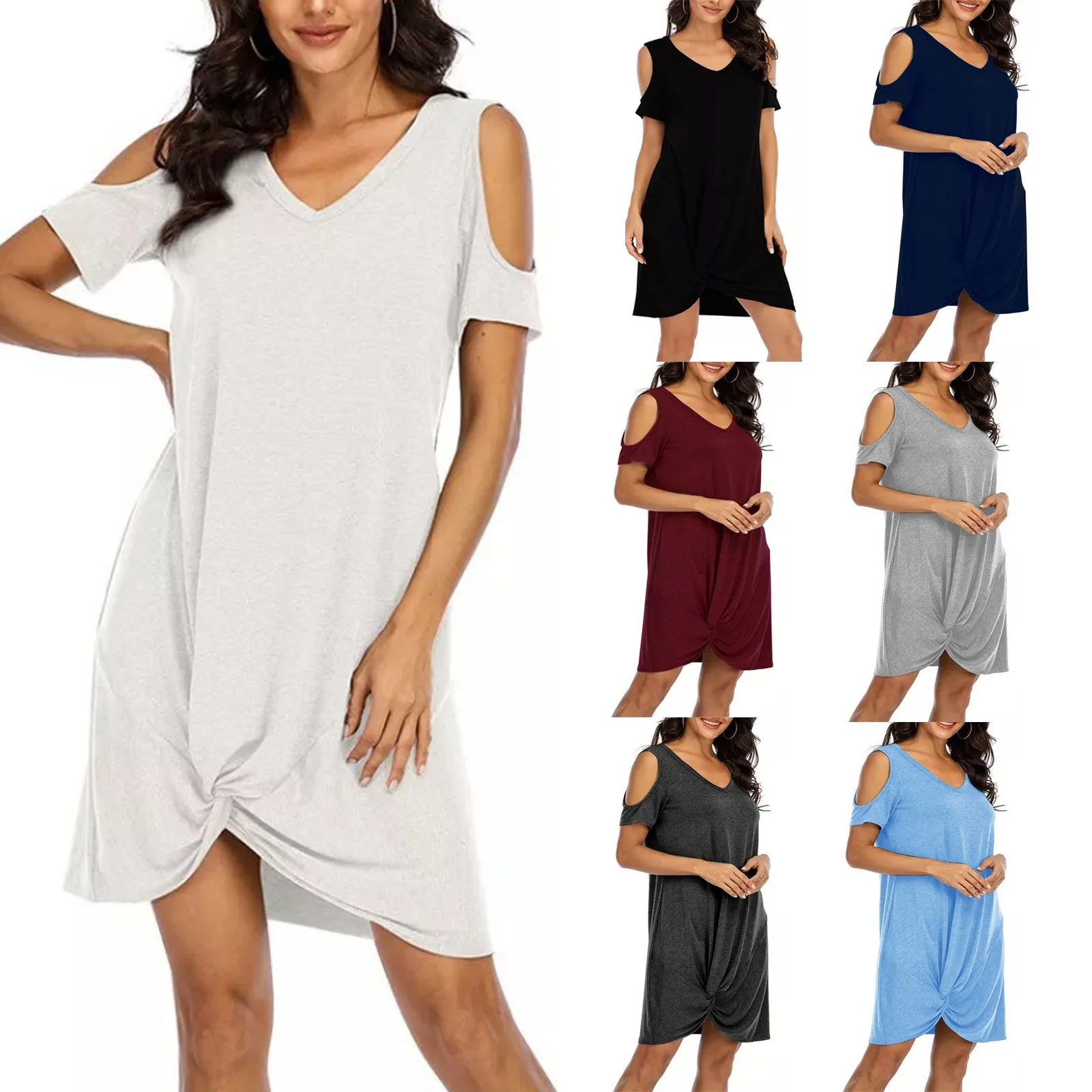 

SAGACE Women Fashion Casual Round Collar Dress Shoulder Short Sleeve Side Knot Irregular Skirt Hem Home Comfort vestido 2021
