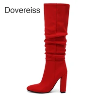 dovereiss fashion female boots winter new elegant sexy pointed toe block heels yellow apricot consice pile boots knee high boots