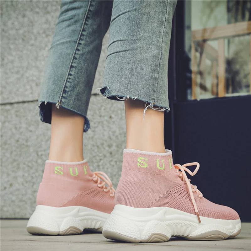 Rimocy Autumn Pink Sneakers Women 2019 New Knitting Lace Up Sock Shoes Woman Casual Walking Thick Bottom Zapatos De Mujer | Обувь