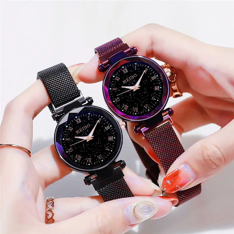 Женские наручные часы reloj mujer розовое золото магнитные кварцевые звездного неба