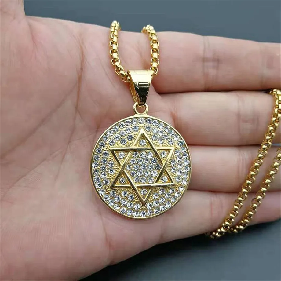 

Hip Hop Iced Out Star of David Pendant With Box Chain Stainless Steel Israel Judaica Necklaces Hebrew Jewish Jewelry