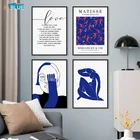 Абстрактный синий минималистичный настенный плакат Matisse, картина с фигурками в скандинавском стиле, Картина на холсте с надписью Love, четкая печать, Современный домашний декор
