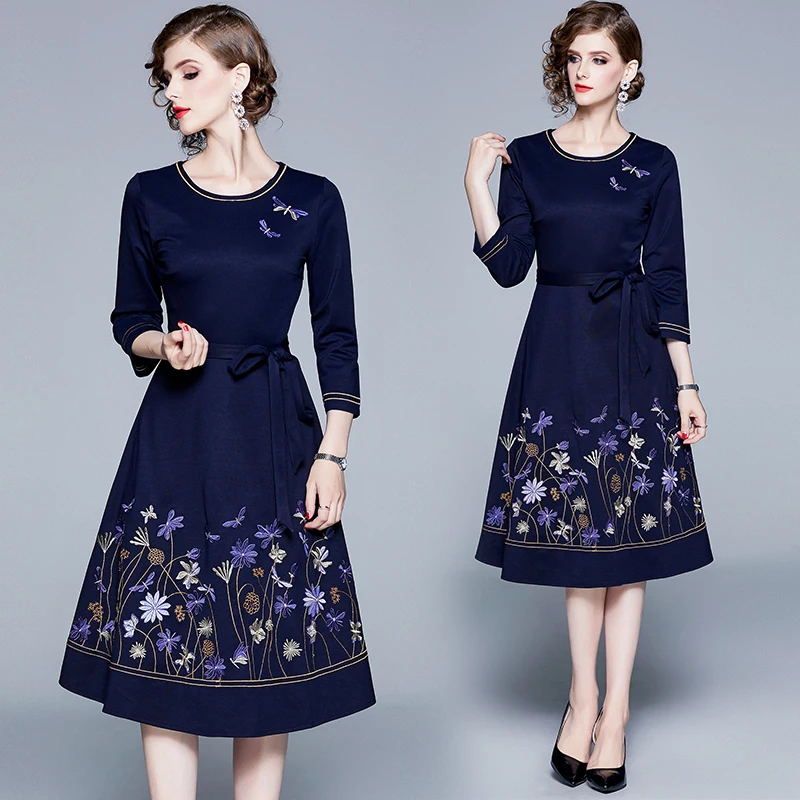 

Autumn Blue Embroidered Midi Dress for Women Casual Slim Long Sleeve O-neck Floral Bandage Dress Elegant Party Dresses Vestidos