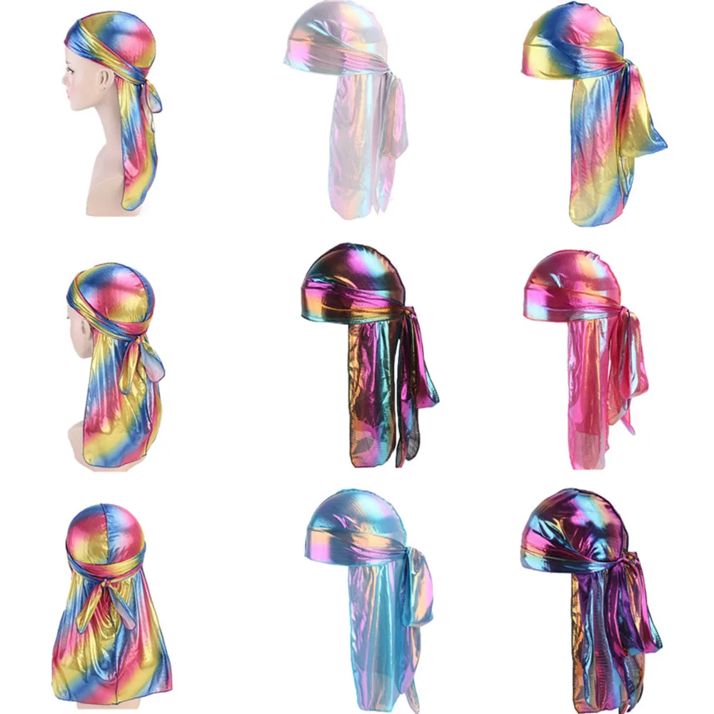 

Sparkly Dazzling Colorful Silky Durags Turban Cap Headwear for Women Men Long Tail Headband Bandanas Head Scarf Accessories Gift