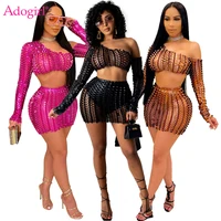 adogirl women sexy hollow out two piece set dress one shoulder long sleeve crop top bodycon mini skirt night club party suits