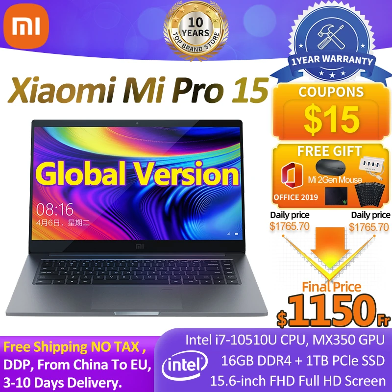 Горячая Распродажа Xiaomi Pro 15 ноутбук MX350 Intel i7 10510U 16 Гб ТБ SSD / i5 10210U 8 ГБ 512 100% sRGB экран